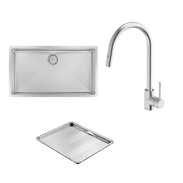 Abey Alfresco 700 Large Bowl Sink With Drain Tray and Dual Spray Kitchen Mixer Stainless Steel