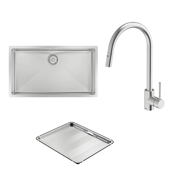Abey Alfresco 700 Large Bowl Sink With Drain Tray and Dual Spray Kitchen Mixer Stainless Steel