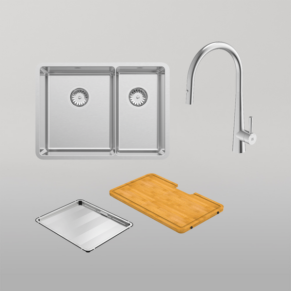 Abey Lucia Bowl And Three Quarter With Dual Spray Kitchen Mixer and Drain Tray and Cutting Board Stainless Steel