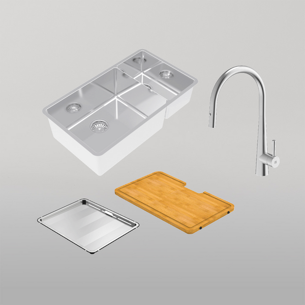 Abey Lucia Bowl And Three Quarter With Dual Spray Kitchen Mixer and Drain Tray and Cutting Board Stainless Steel