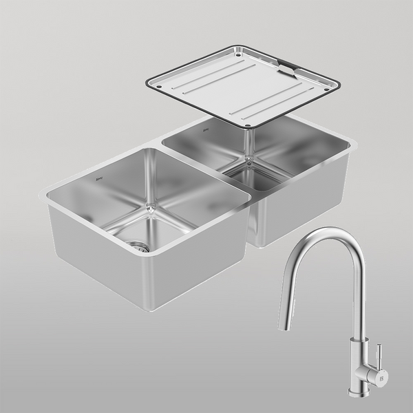 Abey Lago Double Bowl Sink Package With 304 Gooseneck Pull Out Kitchen Mixer Stainless Steel