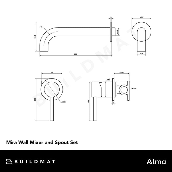 Alma Mira Brushed Brass Gold Wall Mixer and Spout Set