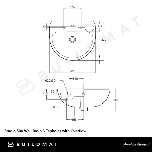 American Standard Studio 500 Wall Basin 3 Tapholes with Overflow White