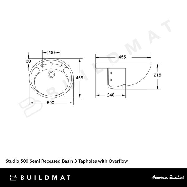 American Standard Studio 500 Semi Recessed Basin 3 Tapholes with Overflow White