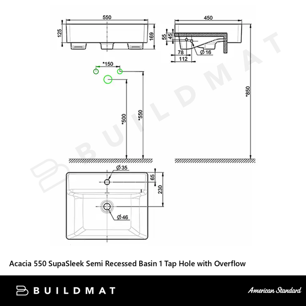 American Standard Acacia 550 SupaSleek Semi Recessed Basin 1 Tap Hole with Overflow White