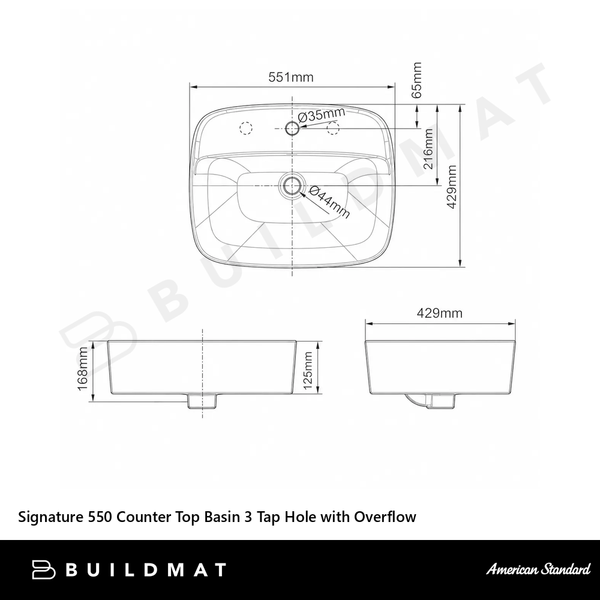 American Standard Signature 550 Counter Top Basin 3 Tap Hole with Overflow White