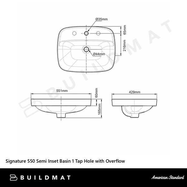American Standard Signature 550 Semi Inset Basin 1 Tap Hole with Overflow White