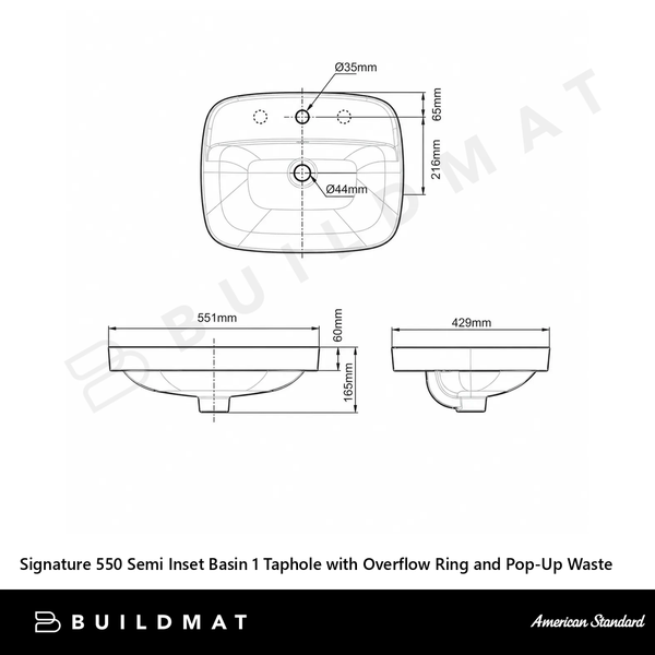 American Standard Signature 550 Semi Inset Basin 1 Taphole with Overflow Ring and Pop-Up Waste Brushed Gold