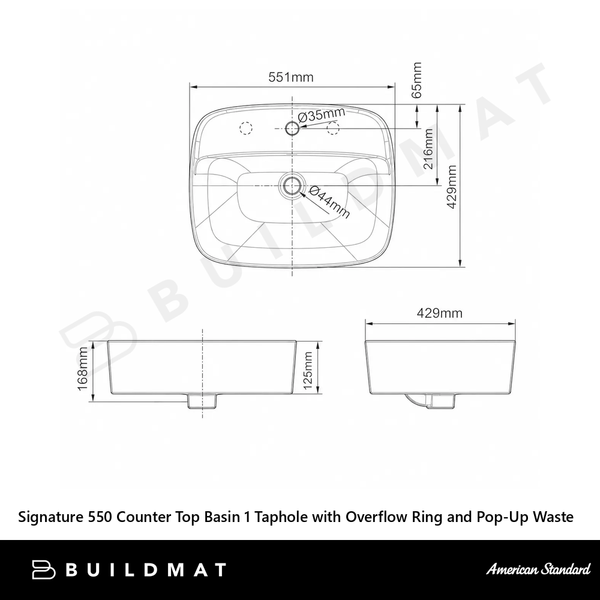 American Standard Signature 550 Counter Top Basin 1 Taphole with Overflow Ring and Pop-Up Waste Brushed Bronze