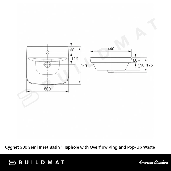 American Standard Cygnet 500 Semi Inset Basin 1 Taphole with Overflow Ring and Pop-Up Waste Matte Black