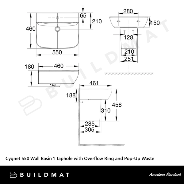 American Standard Cygnet 550 Wall Basin 1 Taphole with Overflow Ring and Pop-Up Waste Brushed Bronze