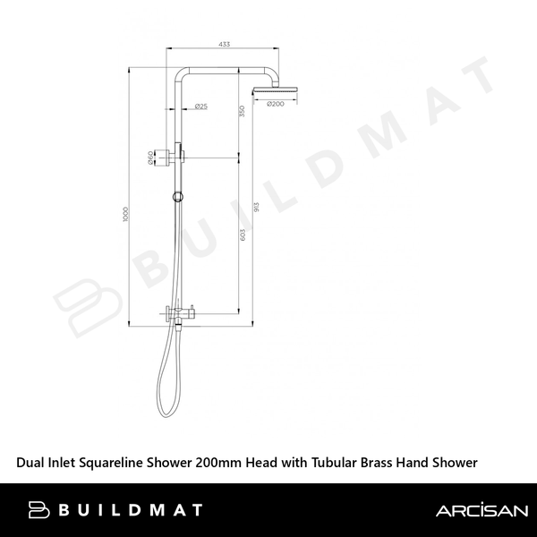 Arcisan Dual Inlet Squareline Shower Column 200mm Head with Tubular Brass Hand Shower Dark Bronze
