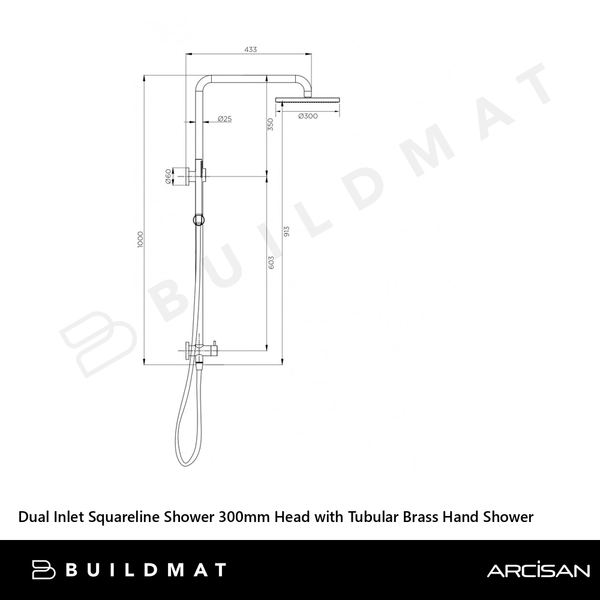 Arcisan Dual Inlet Squareline Shower Column 300mm Head with Tubular Brass Hand Shower Dark Bronze