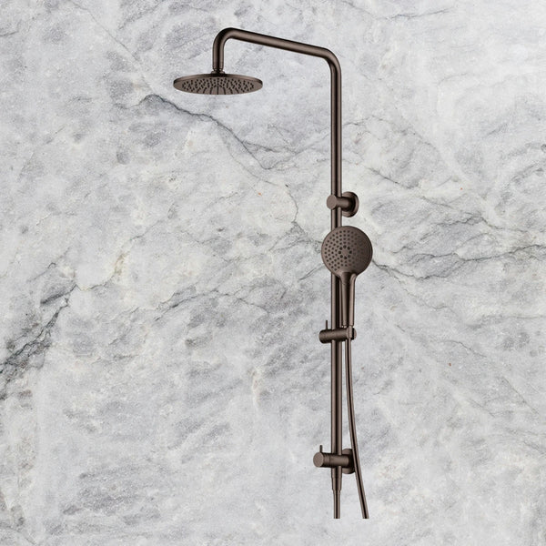 Arcisan Dual Inlet Squareline Shower Column 200mm Head with Fusion Air Push Button Hand Shower Dark Bronze