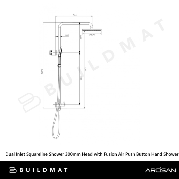 Arcisan Dual Inlet Squareline Shower Column 300mm Head with Fusion Air Push Button Hand Shower Dark Bronze
