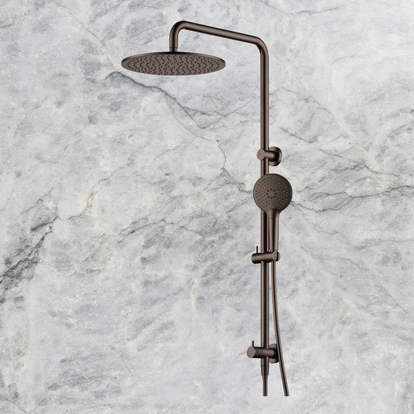 Arcisan Dual Inlet Squareline Shower Column 300mm Head with Fusion Air Push Button Hand Shower Dark Bronze