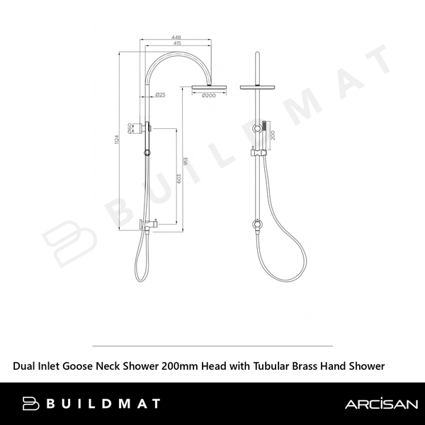 Arcisan Dual Inlet Goose Neck Shower Column 200mm Head with Tubular Brass Hand Shower Dark Bronze
