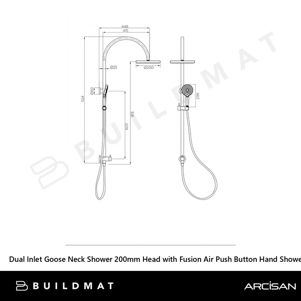 Arcisan Dual Inlet Goose Neck Shower Column 200mm Head with Fusion Air Push Button Hand Shower Dark Bronze