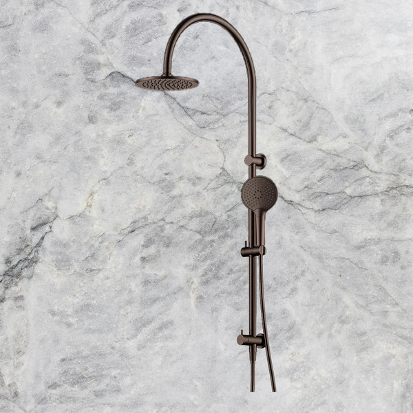 Arcisan Dual Inlet Goose Neck Shower Column 200mm Head with Fusion Air Push Button Hand Shower Dark Bronze