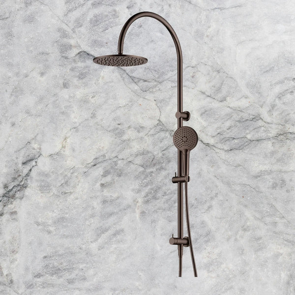 Arcisan Dual Inlet Goose Neck Shower Column 250mm Head with Fusion Air Push Button Hand Shower Dark Bronze