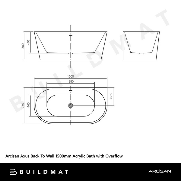 Arcisan Axus Back To Wall 1500mm Acrylic Bath with Overflow Matte White