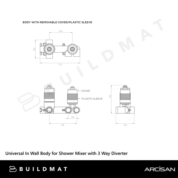 Arcisan Universal In Wall Body for Shower Mixer with 3 Way Diverter Brass