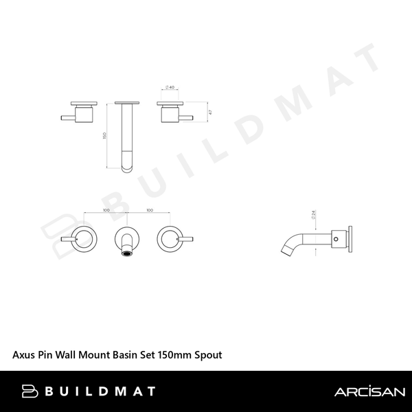 Arcisan Axus Pin Wall Mount Basin Set 150mm Spout Brushed Nickel