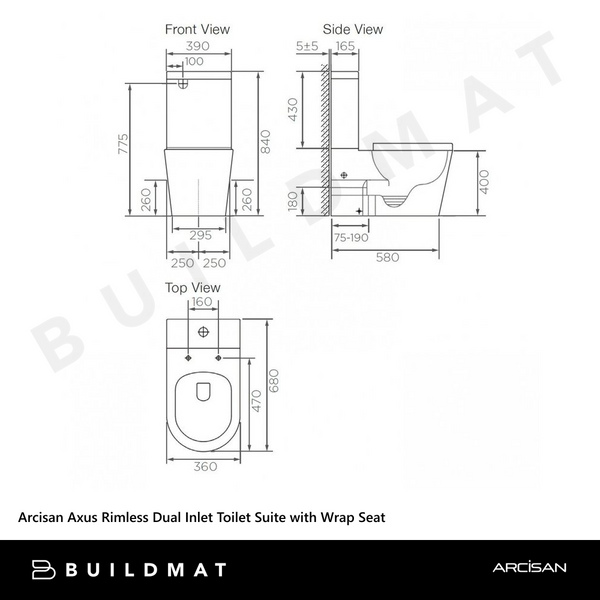 Arcisan Axus Rimless Dual Inlet Toilet Suite with Wrap Seat White