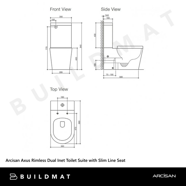 Arcisan Axus Rimless Dual Inlet Toilet Suite with Slim Line Seat White