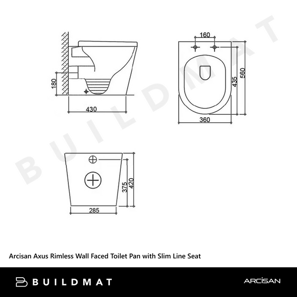 Arcisan Axus Rimless Wall Faced Toilet Pan with Slim Line Seat White