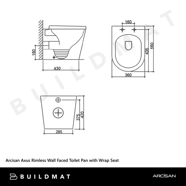 Arcisan Axus Rimless Wall Faced Toilet Pan with Wrap Seat White