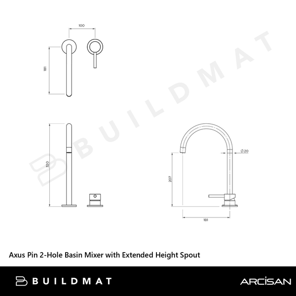 Arcisan Axus Pin 2-Hole Basin Mixer with Extended Height Spout Brushed Brass
