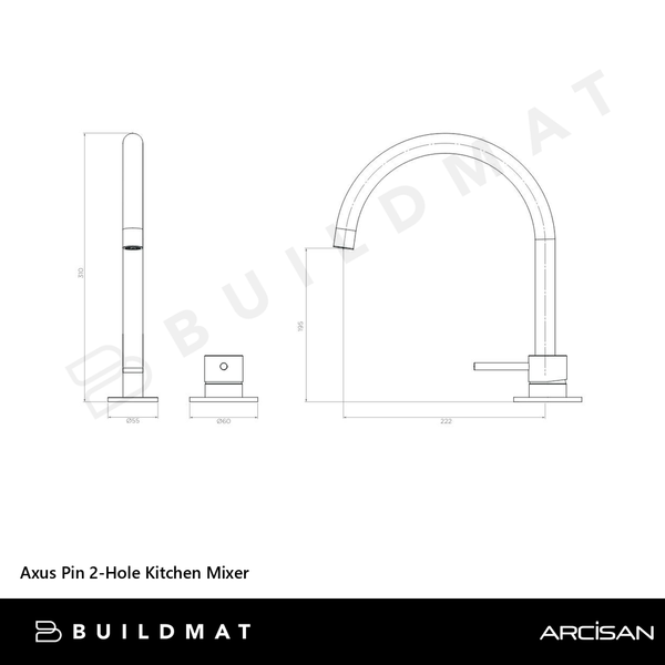 Arcisan Axus Pin 2-Hole Kitchen Mixer Brushed Gunmetal