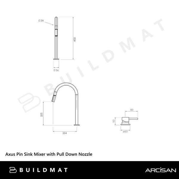 Arcisan Axus Pin Sink Mixer with Pull Down Nozzle Brushed Gunmetal