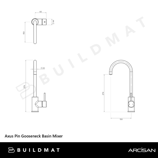 Arcisan Axus Pin Gooseneck Basin Mixer Brushed Gunmetal