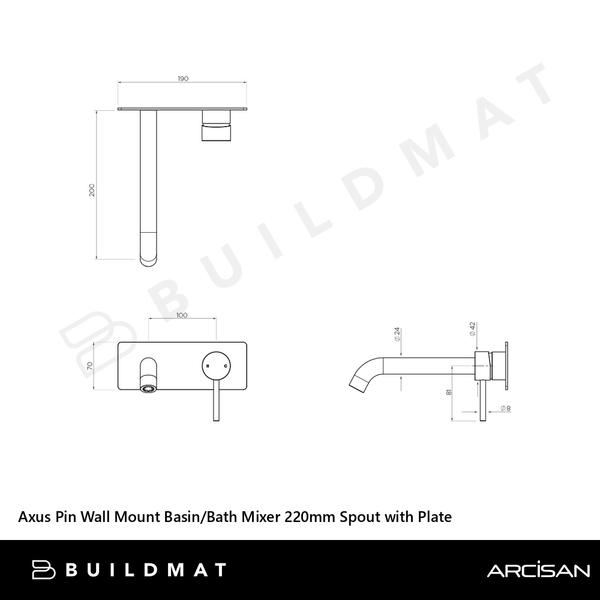 Arcisan Axus Pin Wall Mount Basin/Bath Mixer 220mm Spout with Plate (Trim Kit Only) Brushed Rose Gold