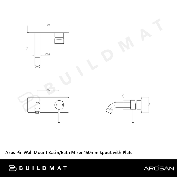 Arcisan Axus Pin Wall Mount Basin/Bath Mixer 150mm Spout with Plate (Complete Kit) Brushed Rose Gold