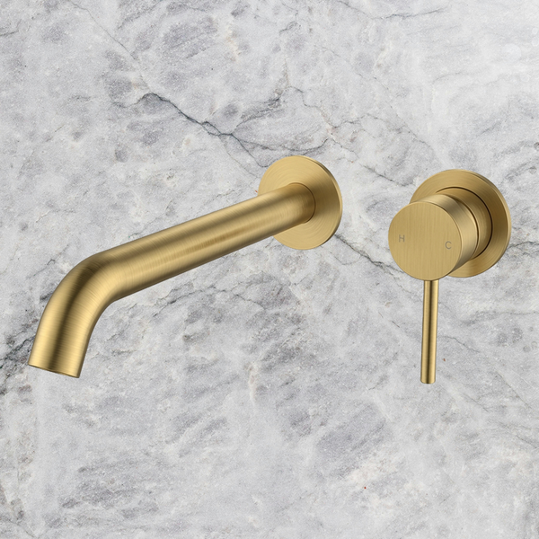Arcisan Axus Pin Wall Mount Basin/Bath Mixer 220mm Spout (Complete Kit) Brushed Brass