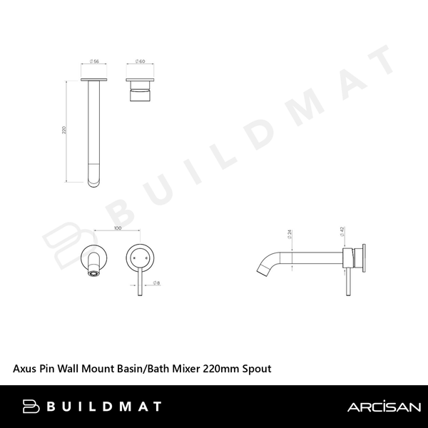 Arcisan Axus Pin Wall Mount Basin/Bath Mixer 220mm Spout (Complete Kit) Brushed Gunmetal