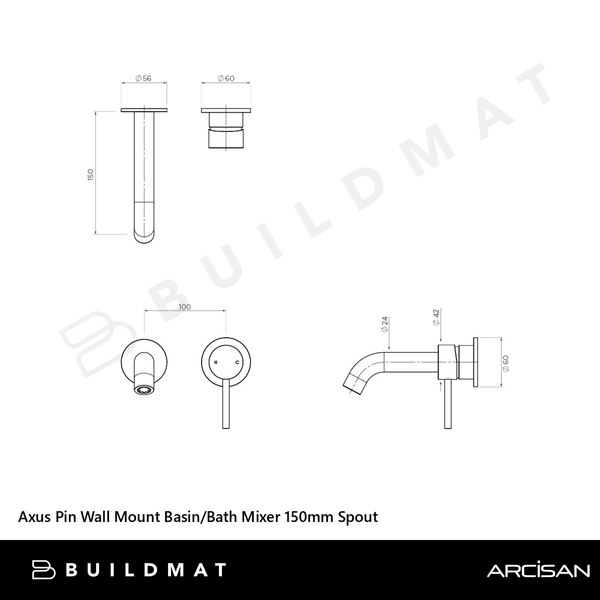 Arcisan Axus Pin Wall Mount Basin/Bath Mixer 150mm Spout (Complete Kit) Brushed Nickel