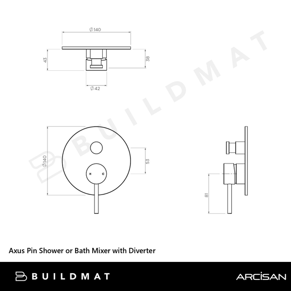 Arcisan Axus Pin Shower or Bath Mixer with Diverter (Complete Kit) Matte Black