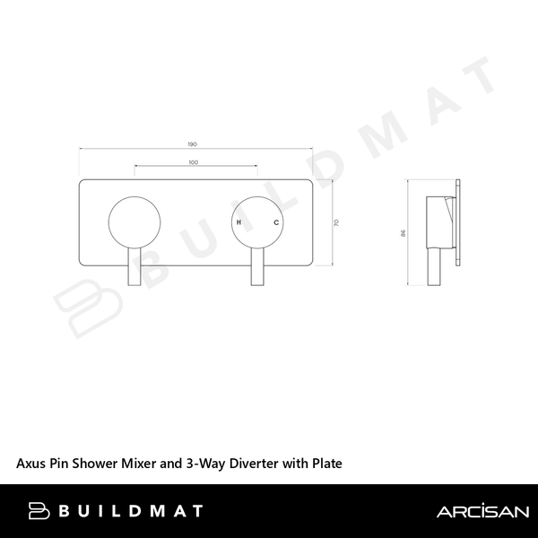 Arcisan Axus Pin Shower Mixer and 3-Way Diverter with Plate (Trim Kit Only) Brushed Gunmetal