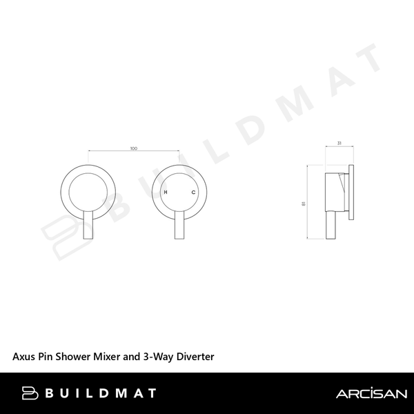 Arcisan Axus Pin Shower Mixer and 3-Way Diverter (Trim Kit Only) Brushed Gunmetal