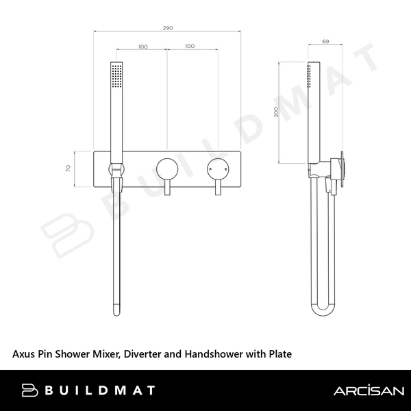 Arcisan Axus Pin Shower Mixer, Diverter and Handshower with Plate (Trim Kit Only) Matte Black