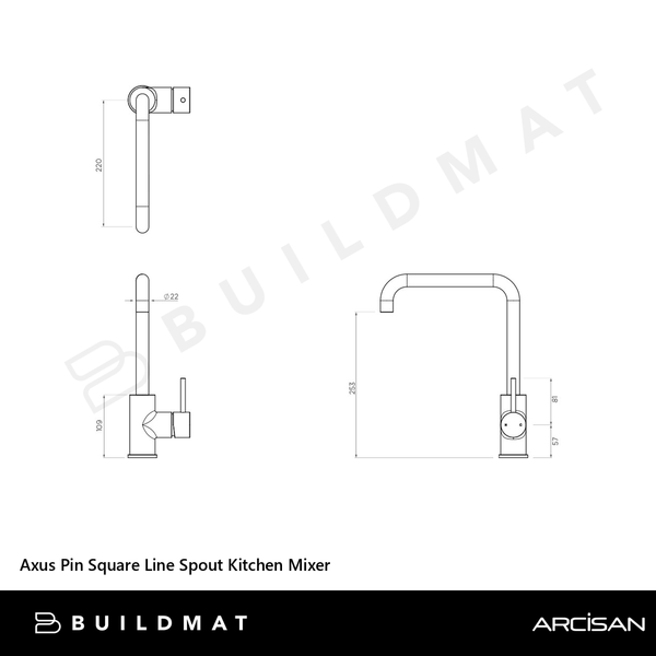 Arcisan Axus Pin Square Line Spout Kitchen Mixer Brushed Nickel