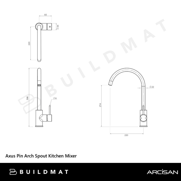 Arcisan Axus Pin Arch Spout Kitchen Mixer Brushed Gunmetal