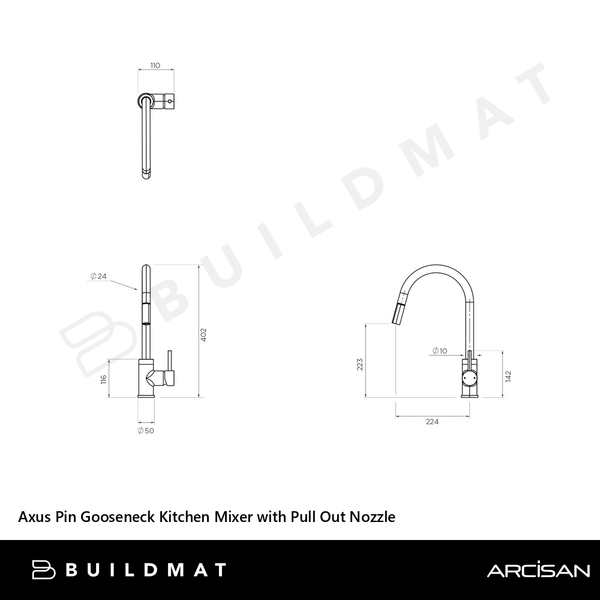 Arcisan Axus Pin Gooseneck Kitchen Mixer with Pull Out Nozzle Brushed Nickel