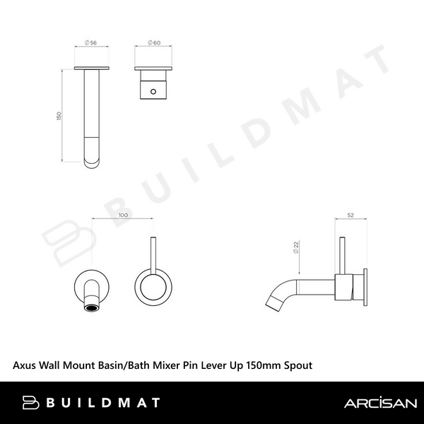 Arcisan Axus Wall Mount Basin/Bath Mixer Pin Lever Up 150mm Spout (Trim Kit Only) Brushed Iron