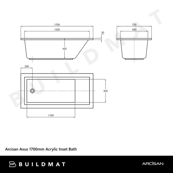 Arcisan Axus 1700mm Acrylic Inset Bath Gloss White