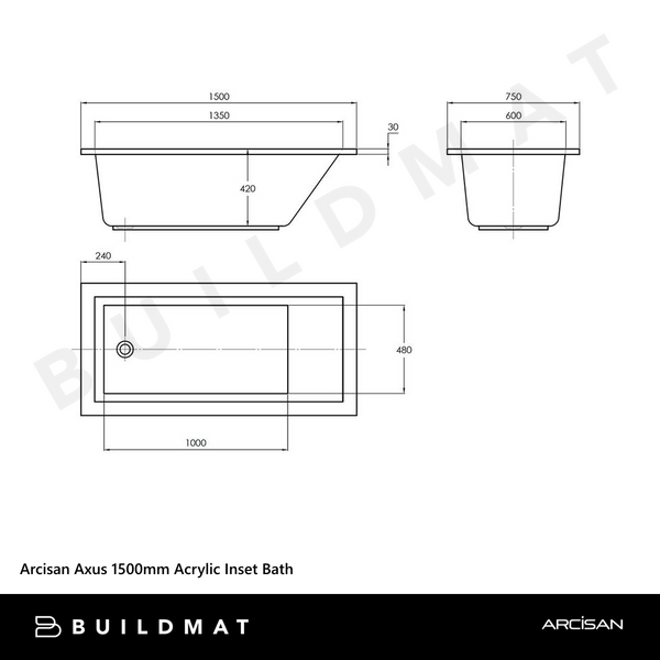 Arcisan Axus 1500mm Acrylic Inset Bath Gloss White